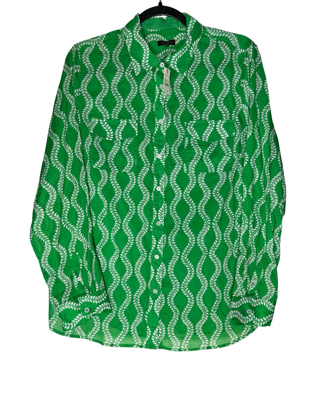 Talbots Green Print Button Up Shirt Womens Size Medium Cotton Coastal Preppy NWT